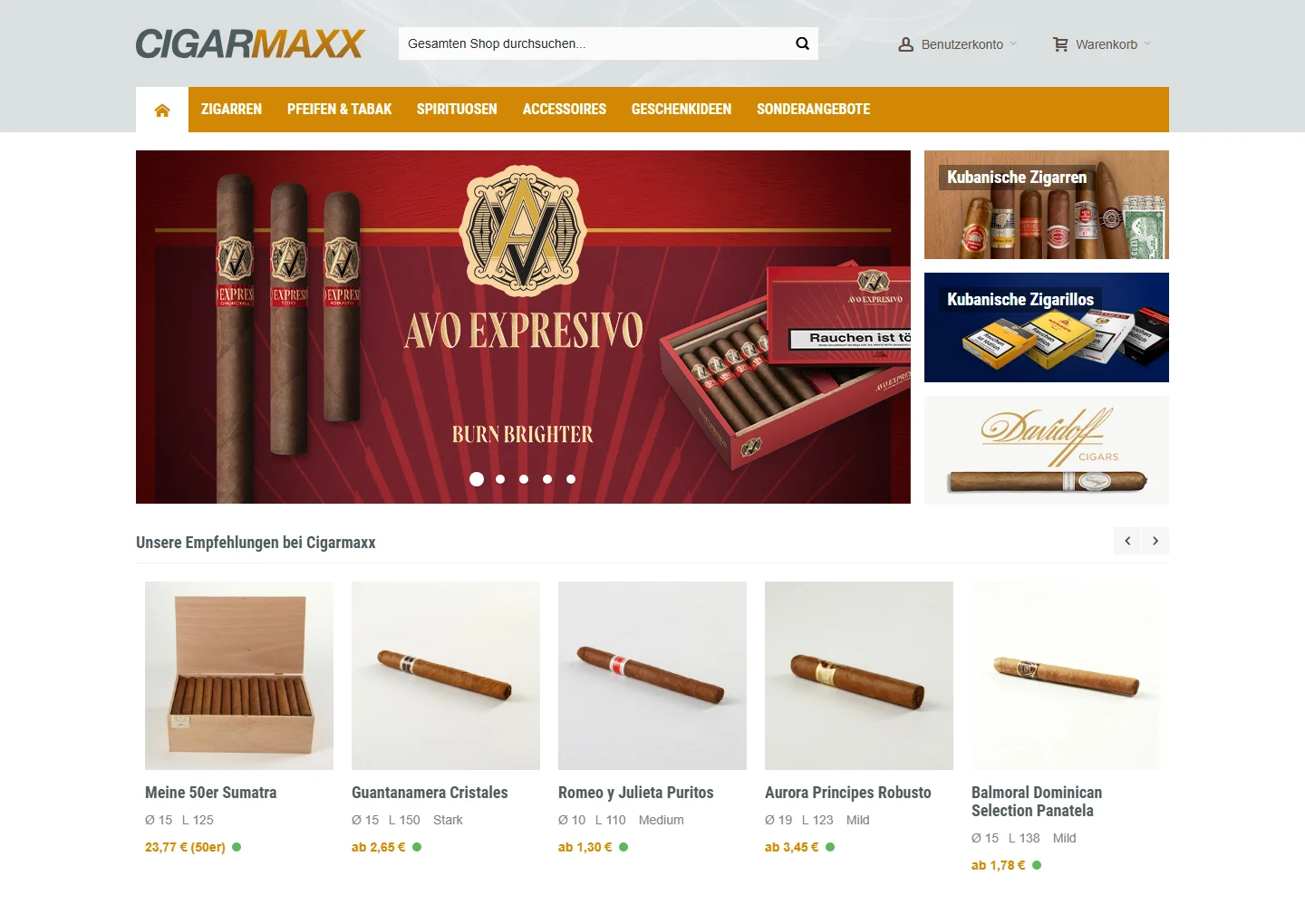 Einblick in die Website cigarmaxx.de